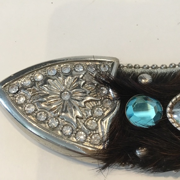 WB Atlas Belt Brown Pony Hair Teal Crystals Silver Tone Metal Size S main image 8